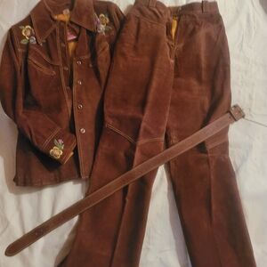 Vintage Ms. Pioneer Suede Leather Jacket and Pants with Floral Details